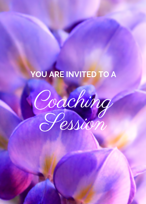 Words saying you are invited to a coaching session on background of purple flowers