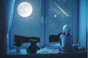 LIttle girl and teddy bear looking at moon through window